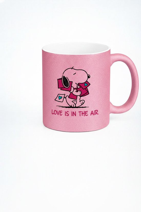 Snoopy Mok Love Is In The Air Roze Glitter – Romantisch Valentijn Cadeau