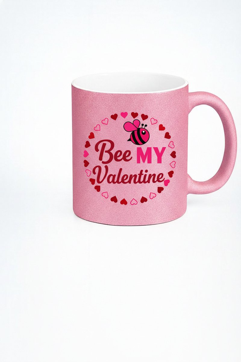 Roze Glitter Mok 'Bee MY Valentine' - Liefdevol Valentijnscadeau met Bij en Harten