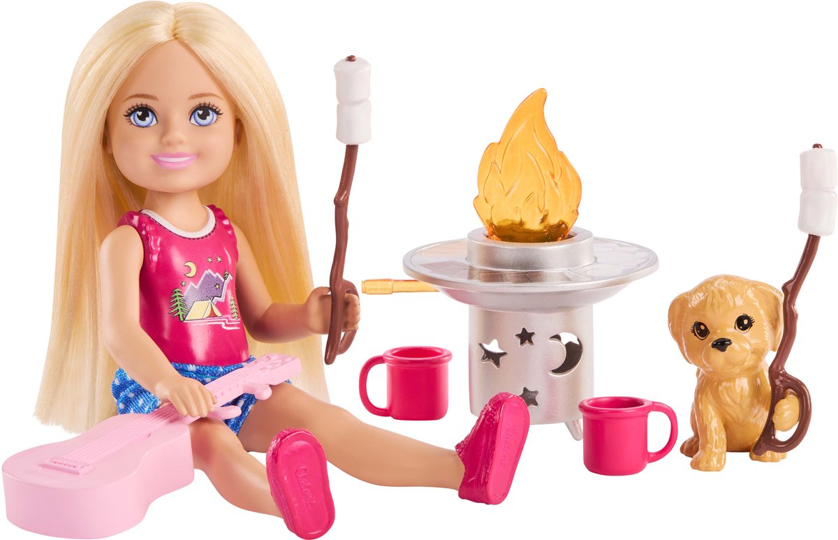 Barbie pop Chelsea Outdoor Avontuur met hond en camping accessoires.
