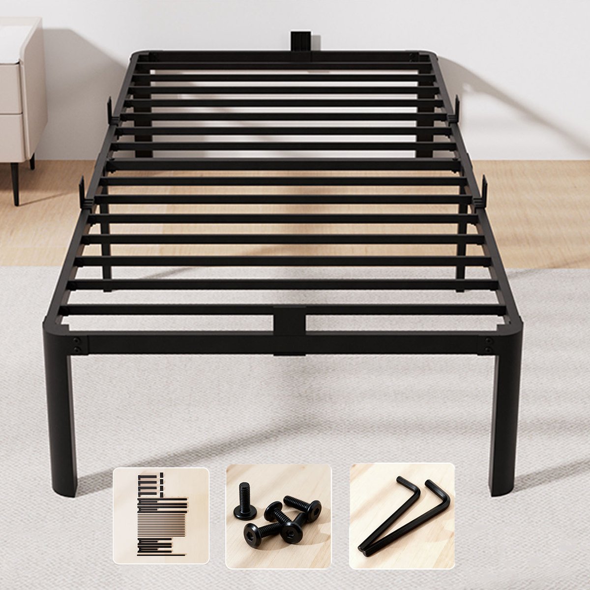 KUTAS Heavy Duty Metalen Bedframe - 90x200 cm - Minimalistisch Metalen Bed - Eenpersoonsbed - tevig - Stil - Anti Slip - Grote Opbergruimte Onder Bed - Lattenbodem - Schroefloze Montage - Zwart
