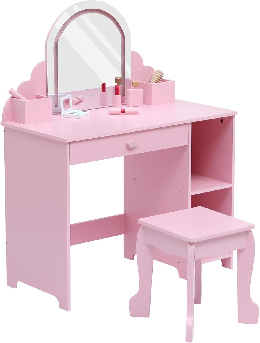 Kinder Kaptafel met Verlichte Spiegel - 2‑in‑1 Kaptafel & Krukje voor Meisjes 3‑9 Jaar, met Lade en Open Planken, Met accessoires, Roze