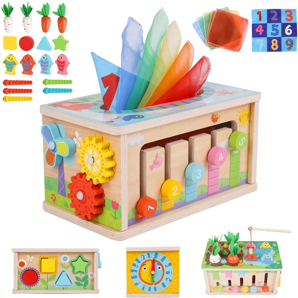 Montessori 6-in-1 Activiteitendoos - voor kinderen van 36 maanden, Houten kubus met Leerklok en Vormenstoof, 3 jaar babyverjaardagscadeau