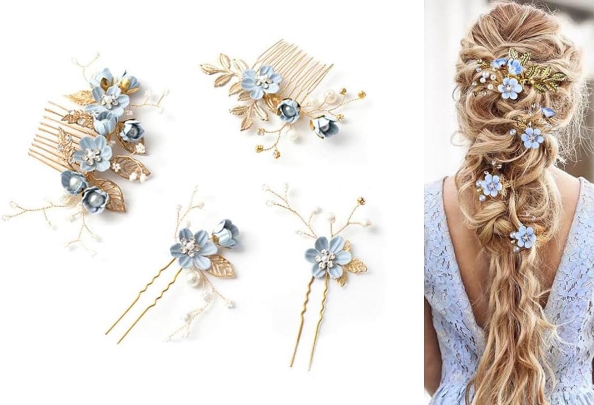 4 Stuks Blauwe Bruiloft Haaraccessoires Set met Parel Kam en Bloemdecoratie