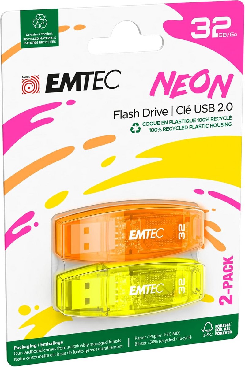 2x 32GB USB 2.0 Flash Drive Transparant Neon Geheugenstick met Dop