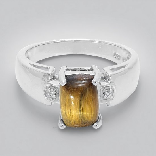 Cavill - Zilveren Ring - 925 Sterling Zilver - 1,99 ct Tijgeroog en Witte Topaas - Elegante, Chique Ring met Cabochon Steen - Ring Maat 17