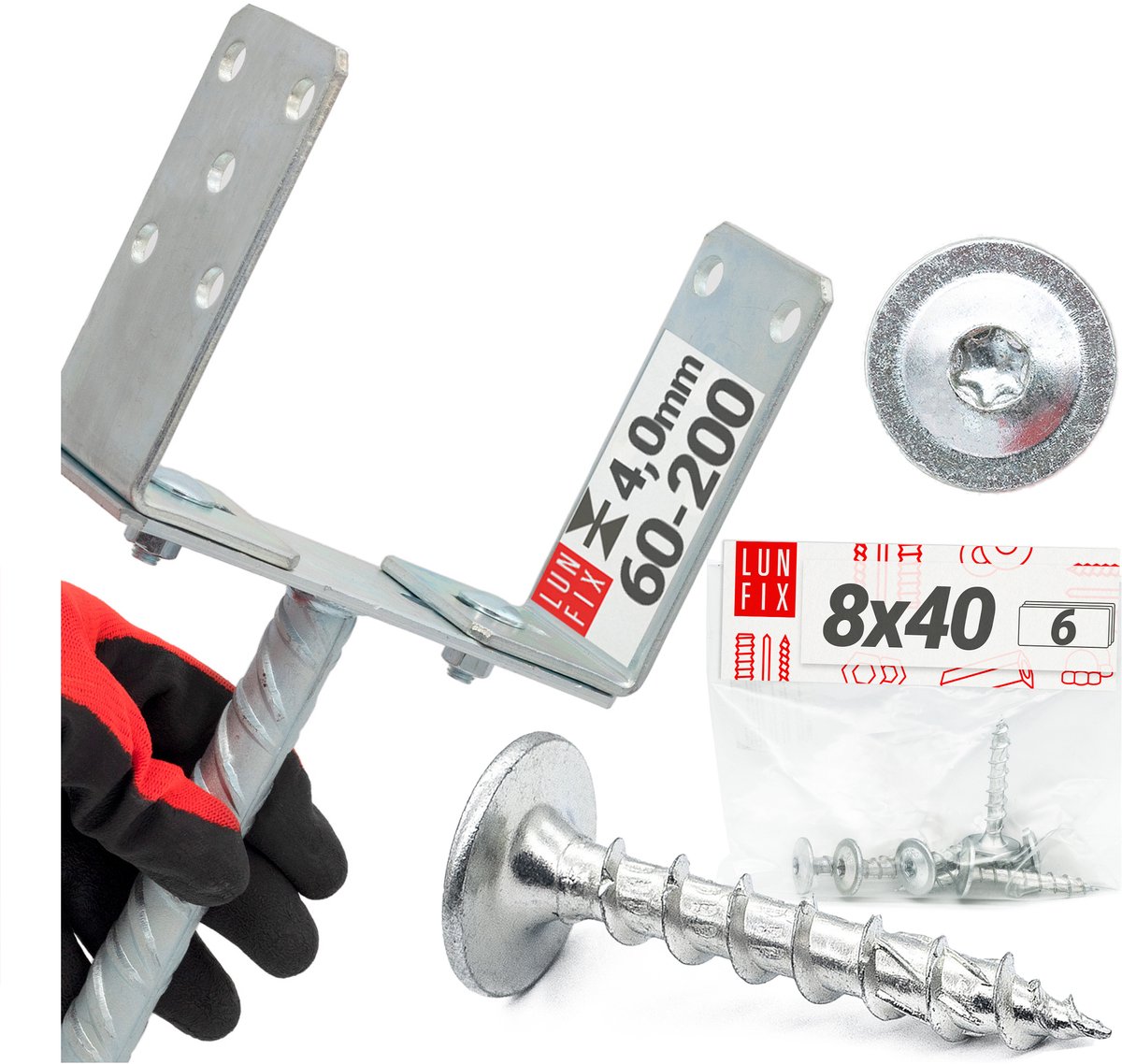 LUN FIX - Paalhouder 60–200 mm met Ø11 mm betonanker - 6x schroeven 8x40 mm - verzinkt - paalklem voor inbetoneren