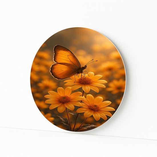 Een oranje vlinder zit op drie oranje margrieten met een zachte oranje achtergrond.