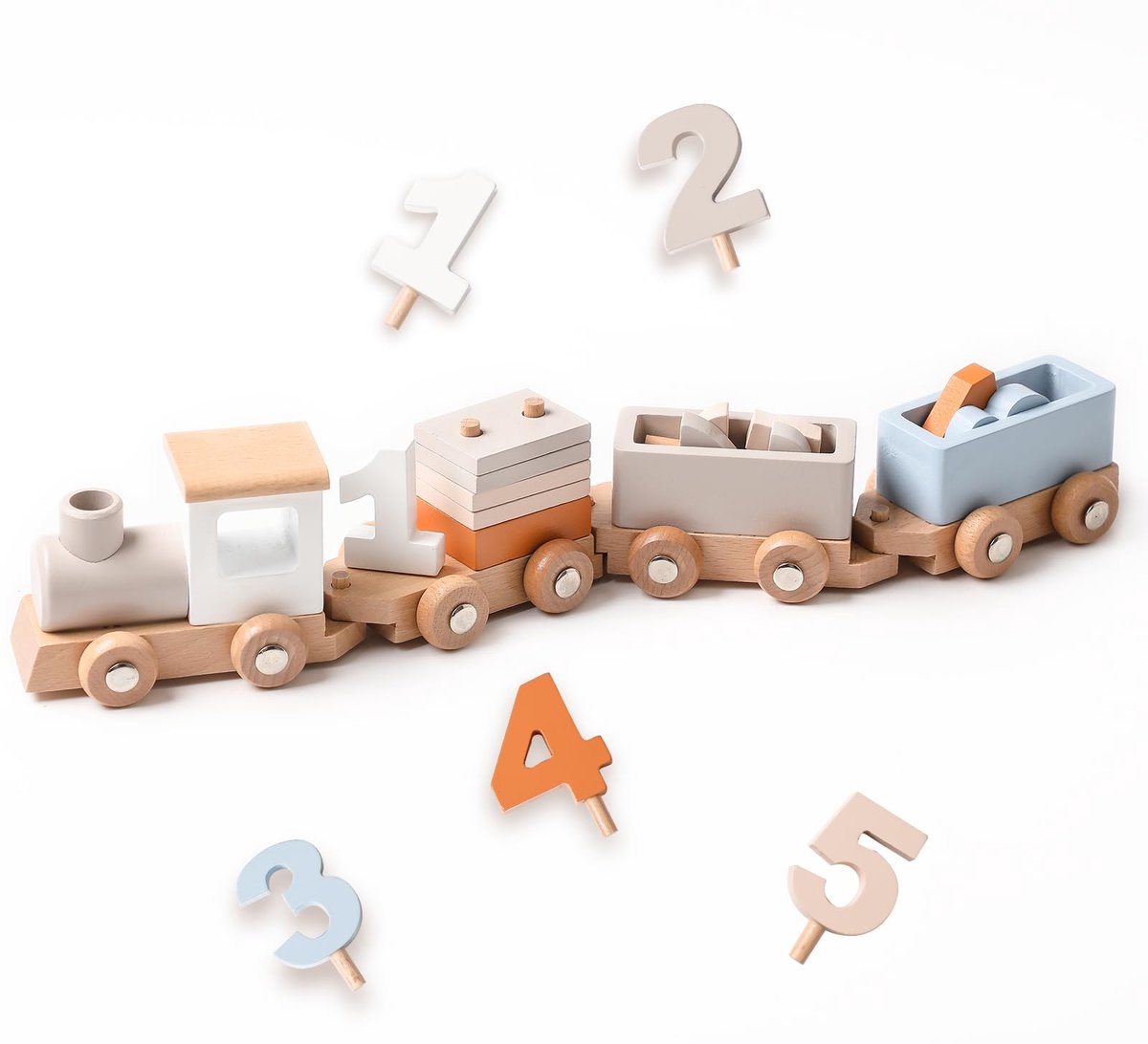 Houten verjaardagstrein - Montessori stapelspeelgoed Decoratie 1 2 3 4 5 Verjaardag - Cijfers en blokken Houten treinspeelset