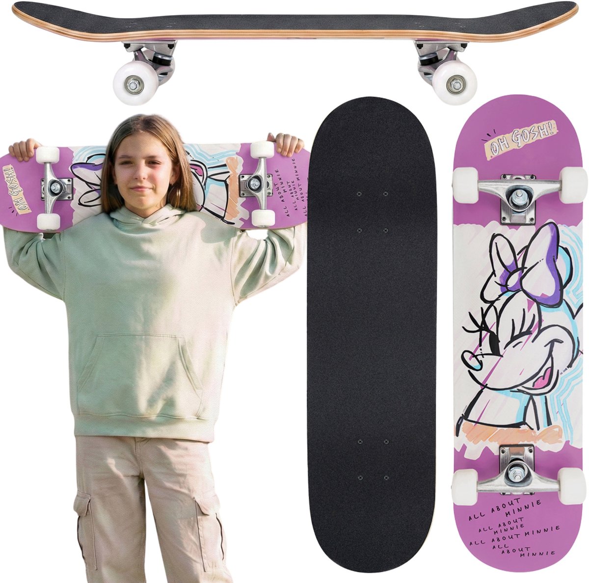 DISNEY Minnie Mouse Houten skateboard voor jongeren, groot 79 cm, antislipboard, stabiel tot 80 kg
