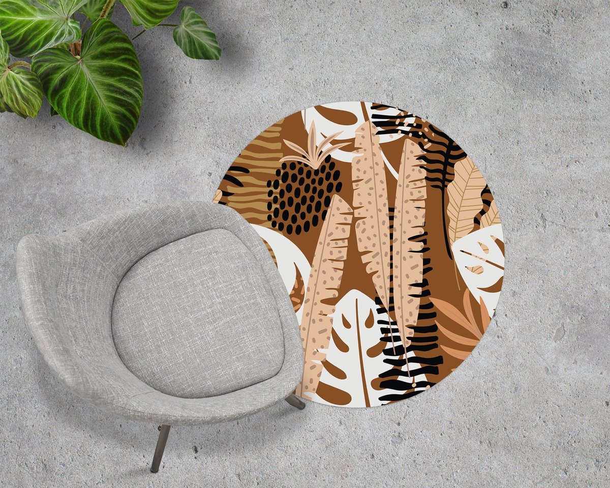 Coloray Vloerbeschermer - Monstera Jungle Afrika Stoel Mat - 100x100 cm - Beige Vloerbeschermer Harde Vloer - Motif Vloerbeschermer - PVC Vloerbeschermer - Ronde Mat - Natuur Thema