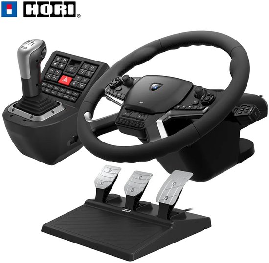 Zwarte Hori Force Feedback Truck Control System met stuur, pedalen en versnellingspook op witte achtergrond.