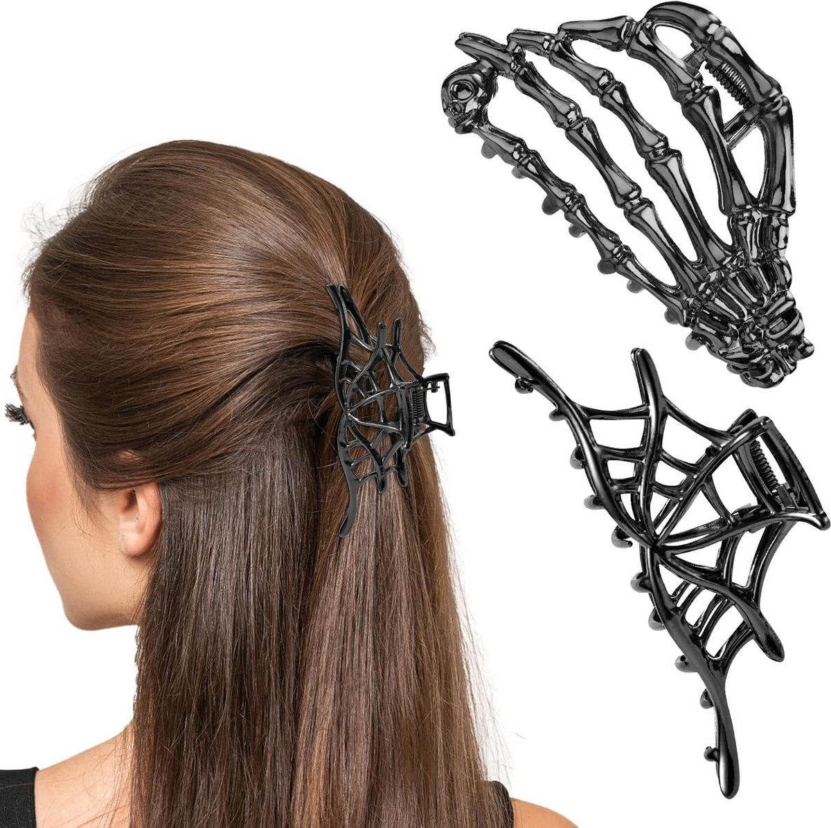 2x Halloween Haarspeldjes Set - Schedel Hand & Spinnenweb Haarclips - Gothic Haaraccessoires
