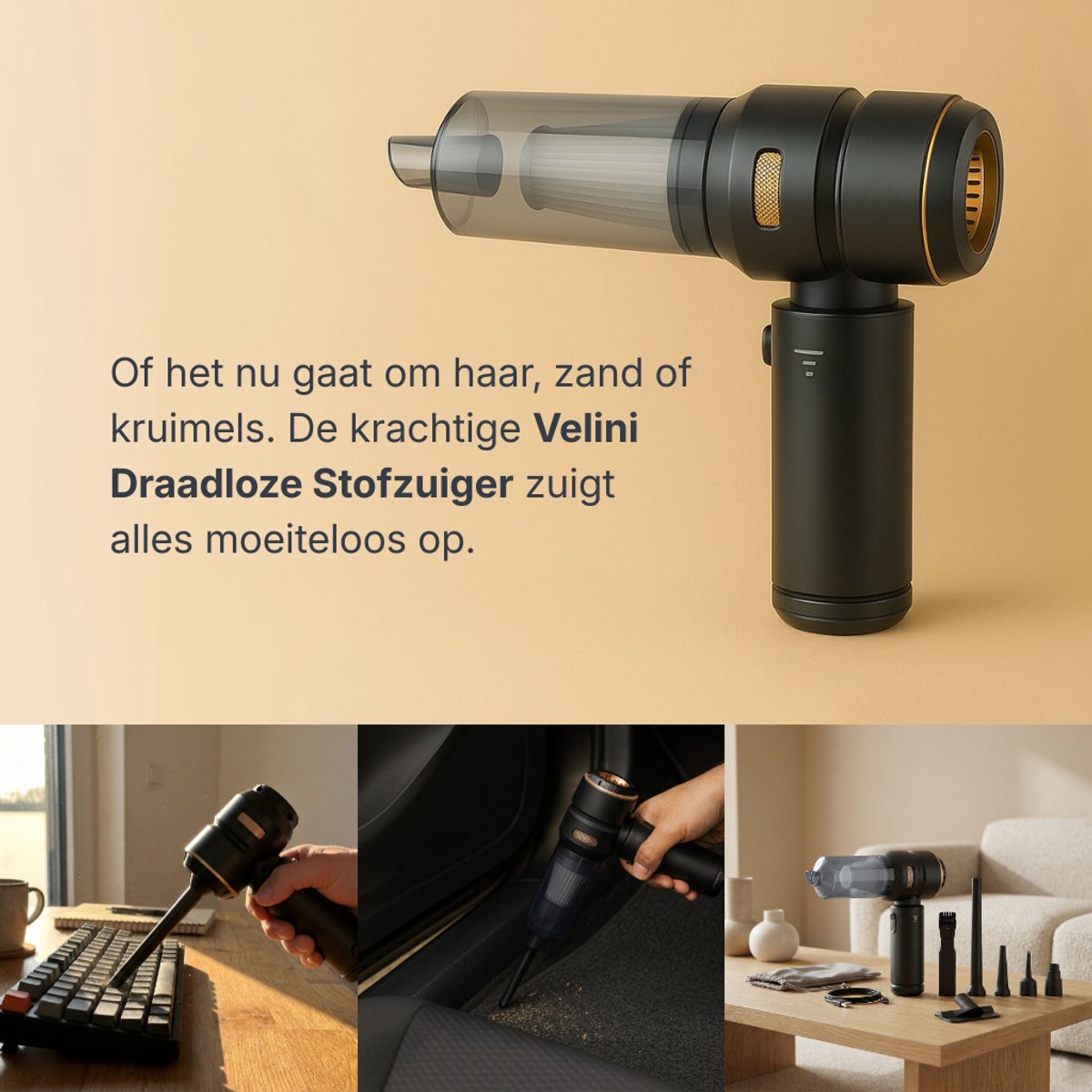 Velini Draadloze Stofzuiger 18.000PA Zwart 2-in-1 - afbeelding 3