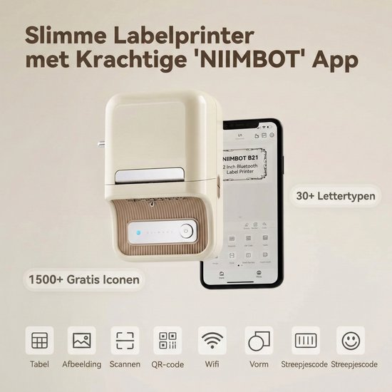 Crème kleurige Niimbot B21 labelprinter met smartphone en app-icoontjes voor functies zoals tabel, QR-code en wifi.