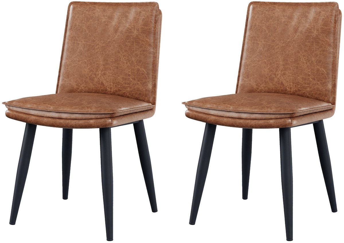 Merax Esszimmerstoelen Set van 2 – PU Leren Stoelen met Dubbel Zitkussen – Comfortabele Eetkamerstoelen met Zwarte Metalen Poten – Bruin – 49 x 57 x 84 cm