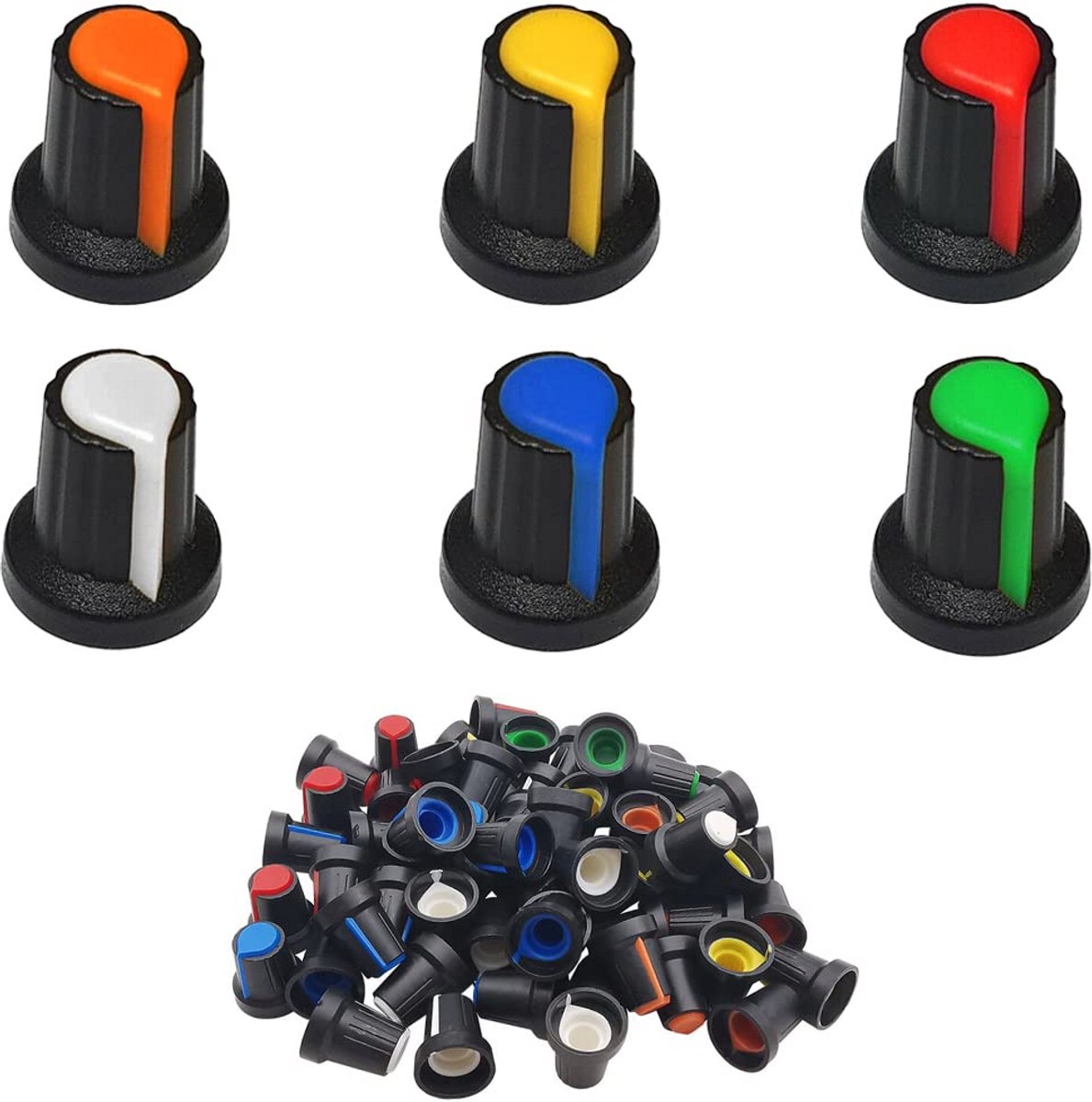 60x Universele Potentiometer Draaiknoppen (6mm As) - Diverse Kleuren - Volumeregelaar Knop