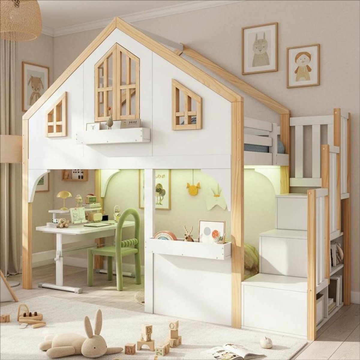 Sweiko Hoogslaper - 90x200 cm - Huisontwerp - LED-verlichting - Opbergruimte - Kinderbed - Wit + Natuurlijke (Zonder bureau)