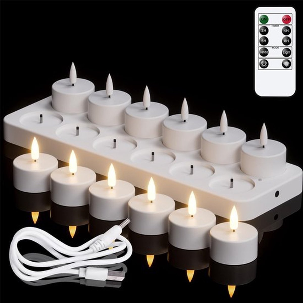Oplaadbare Theelichtjes Met Afstandsbediening En Timer, 12 Stuks Op Batterijen Werkende 3D-lont Flikkerende Vlamloze Kaarsen Met Oplaadstation Voor Halloween-kerstdecoratie (4 X 4,7 Cm)