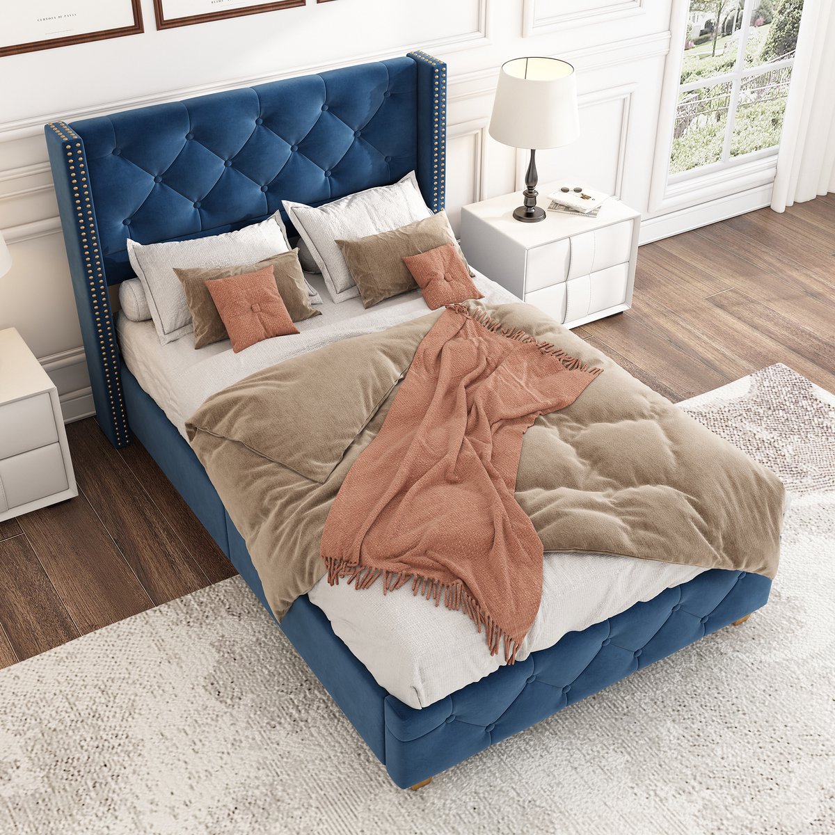 Merax 90x200 cm gestoffeerd bed - met lattenbodem en hoofdeinde - met knoopdecoratie - spijkerdecoratie - fluweel - blauw - zonder matras