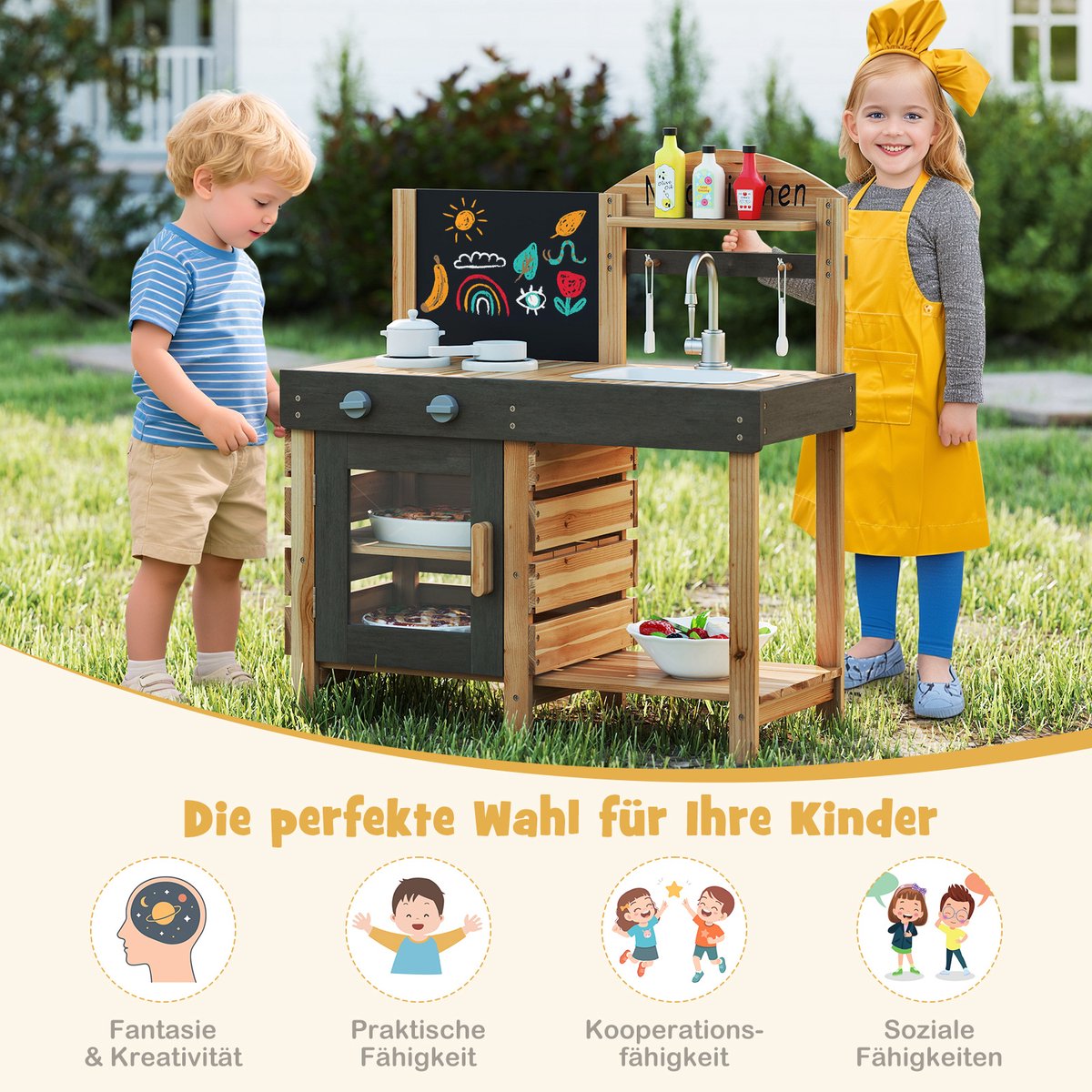 COSTWAY Modderkeuken voor kinderen, outdoor, kinderkeuken, hout met tafel, fornuizen en gootsteen, speelkeuken met kraan en oven, outdoorkeuken incl. accessoires voor kinderen vanaf 3 jaar — afbeelding 4