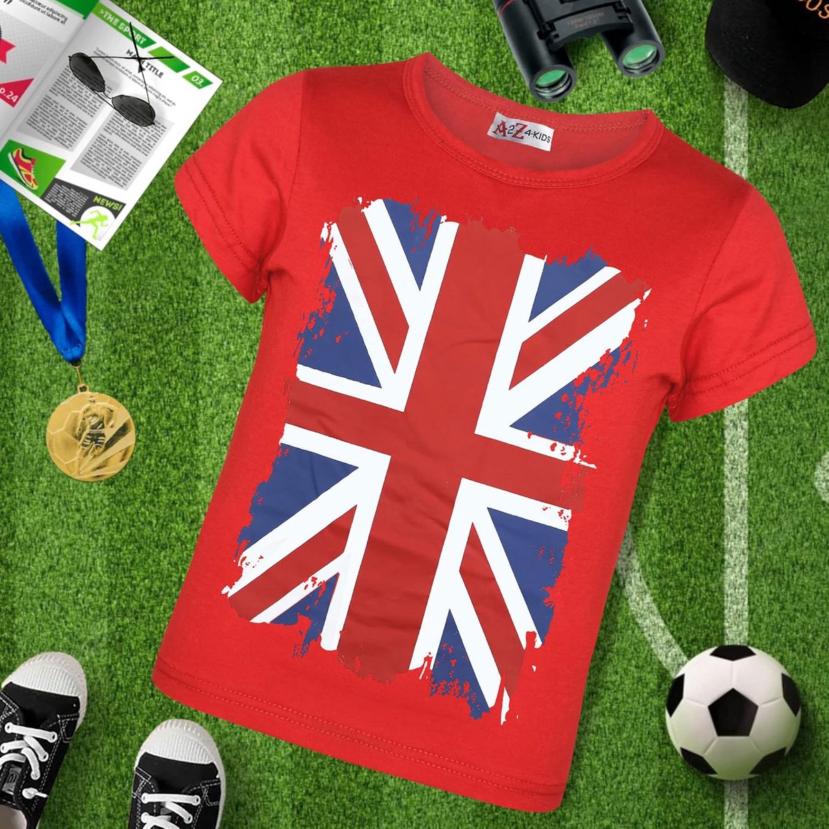 Kinder T-Shirt Voetbal WK / School Sport Shirt met Union Jack Vlag of Effen - Jongens & Meisjes 2-13 Jaar