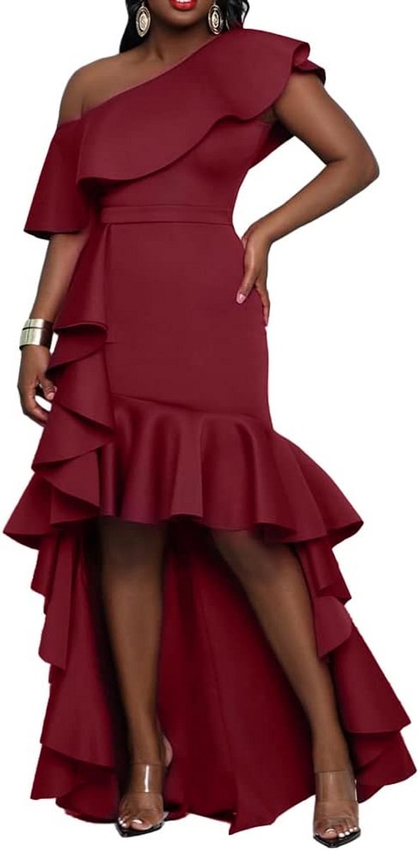 Maxi Jurk Dames Asymmetrisch One Shoulder Mouwloos met Ruches - Elegant Feestjurk