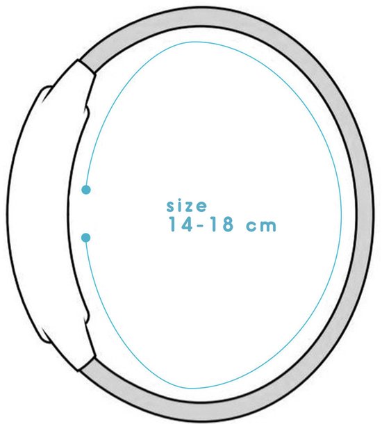 Schematische tekening van een horloge met een bandje met maataanduiding 14-18 cm.