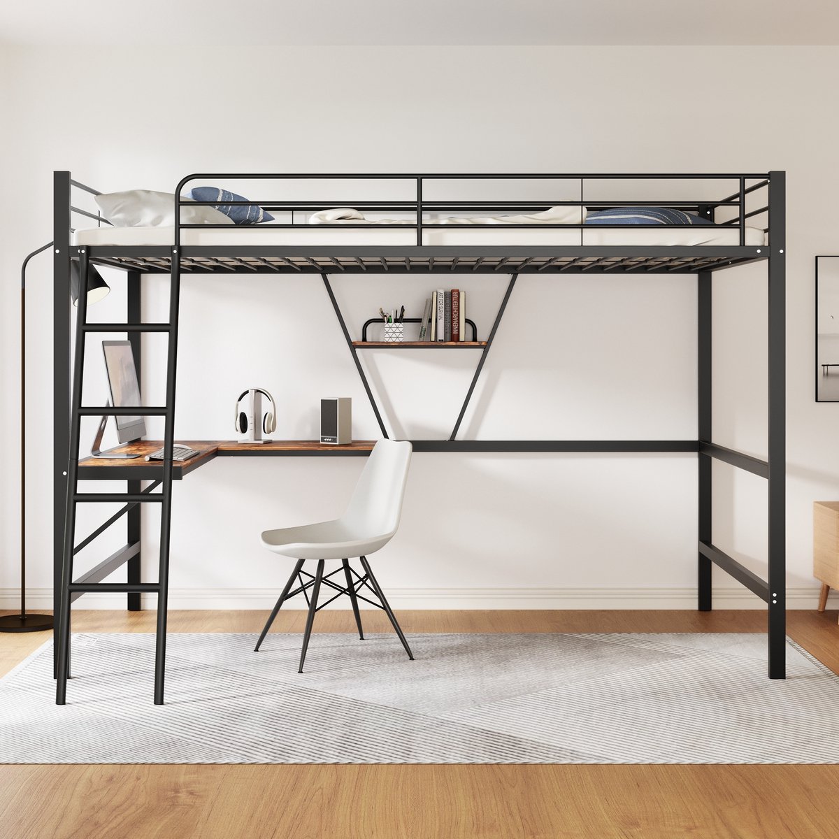 HAUSS SPOLE Hoogslaper 90x200cm - Met L-vormig Bureau en Opbergrek - 24 Latten, 120kg Draagvermogen - Metaal & MDF - Zonder matras - Zwart