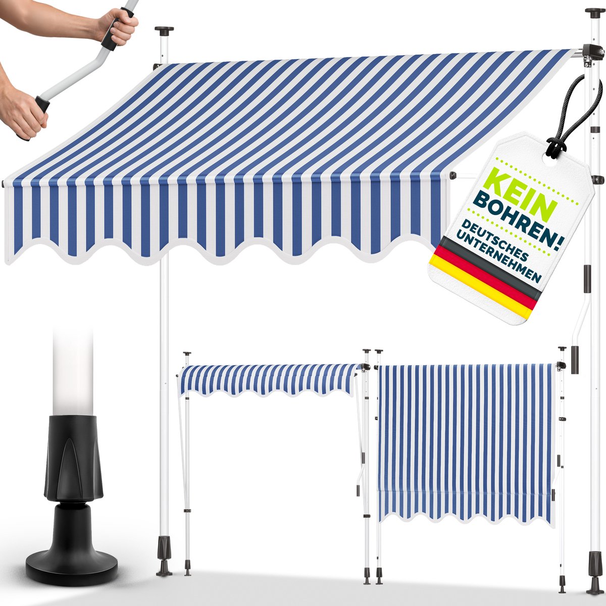 tillvex Klemluifel 200 cm blauw-wit met handslinger balkon | balkonluifel zonder boren | luifel UV-bestendig en in hoogte verstelbaar | zonwering waterdicht