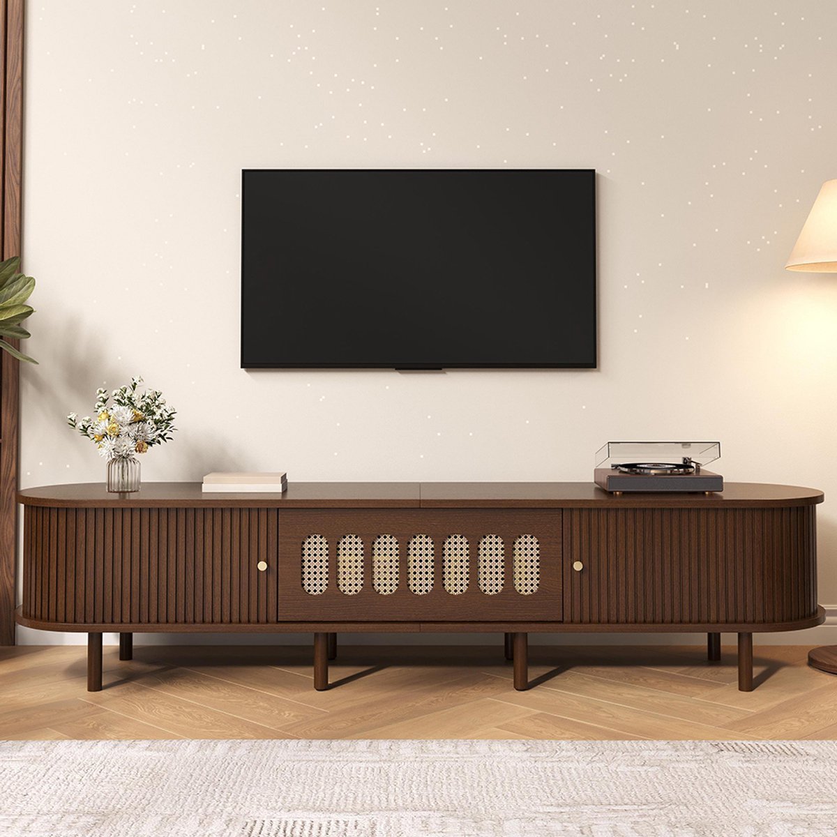 KOMHTOM Ovaal tv-meubel 180*40*40 cm in donker notenhout, rotan design - MDF-design, draagvermogen 30 kg, ontwerp met roldeur. Tv-meubel, laag meubel, woonkamermeubel, inclusief kast met klapdeur