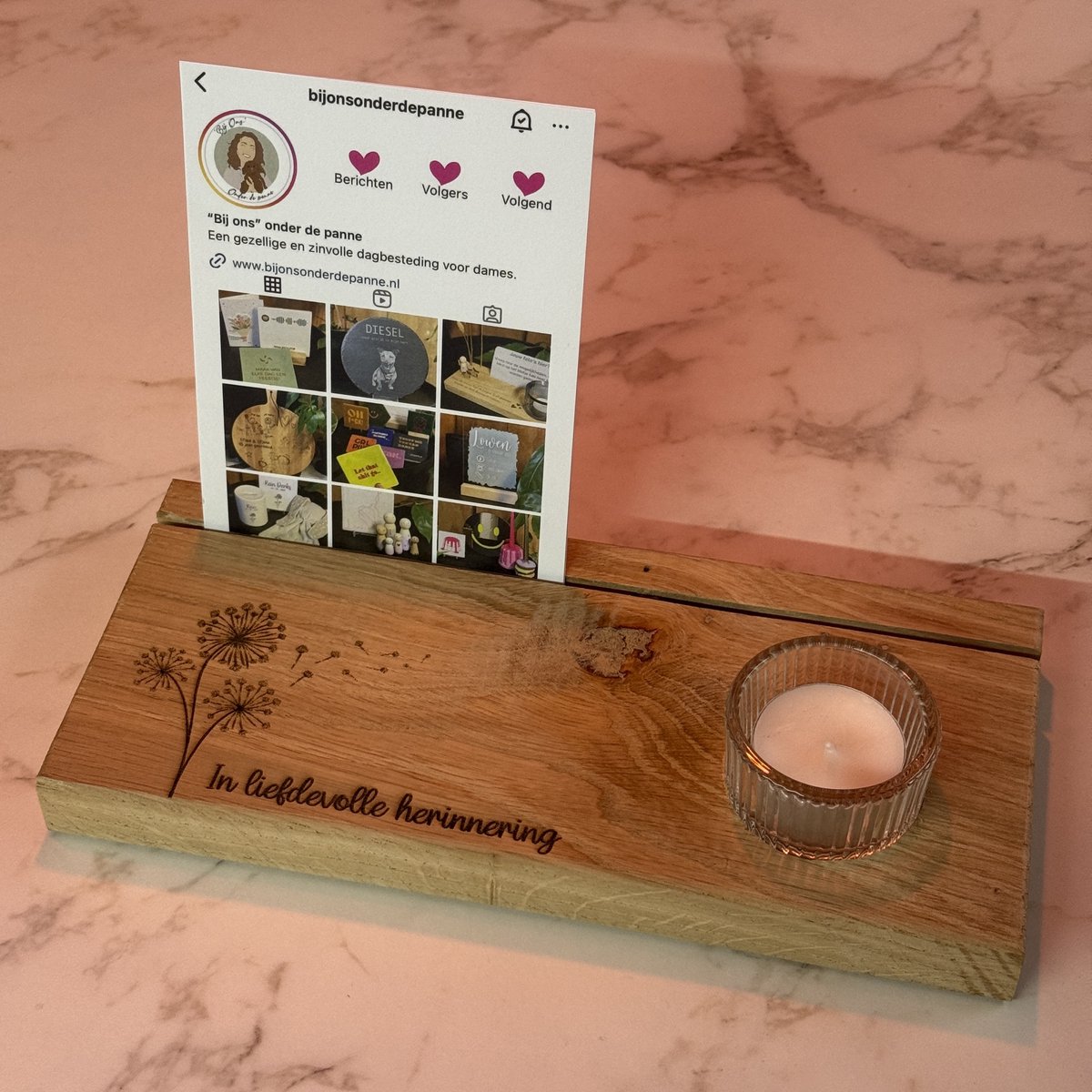 Persoonlijk eikenhouten herinneringsplank | Gedenkplankje | In liefdevolle herinnering met paardebloem | overlijden | in memoriam | waxinelichtje houder
