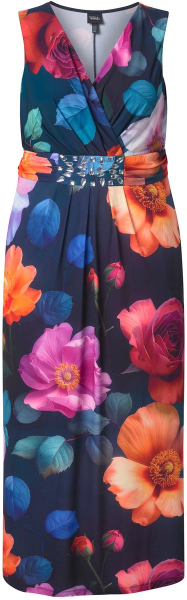 Ulla Popken - Dames - Maxi-jurk bloemen A-lijn V-hals mouwloos - Zwart - Maat 58+