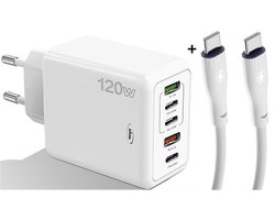 USB Adapter & Type-C Adapter - 5 Multipoort 120W - inclusief USB C naar USB C kabel 1m - USB Stekker - Reisstekker - Snelladen functie - USB C Stekker - Wit - Wereldstekker - Oplader