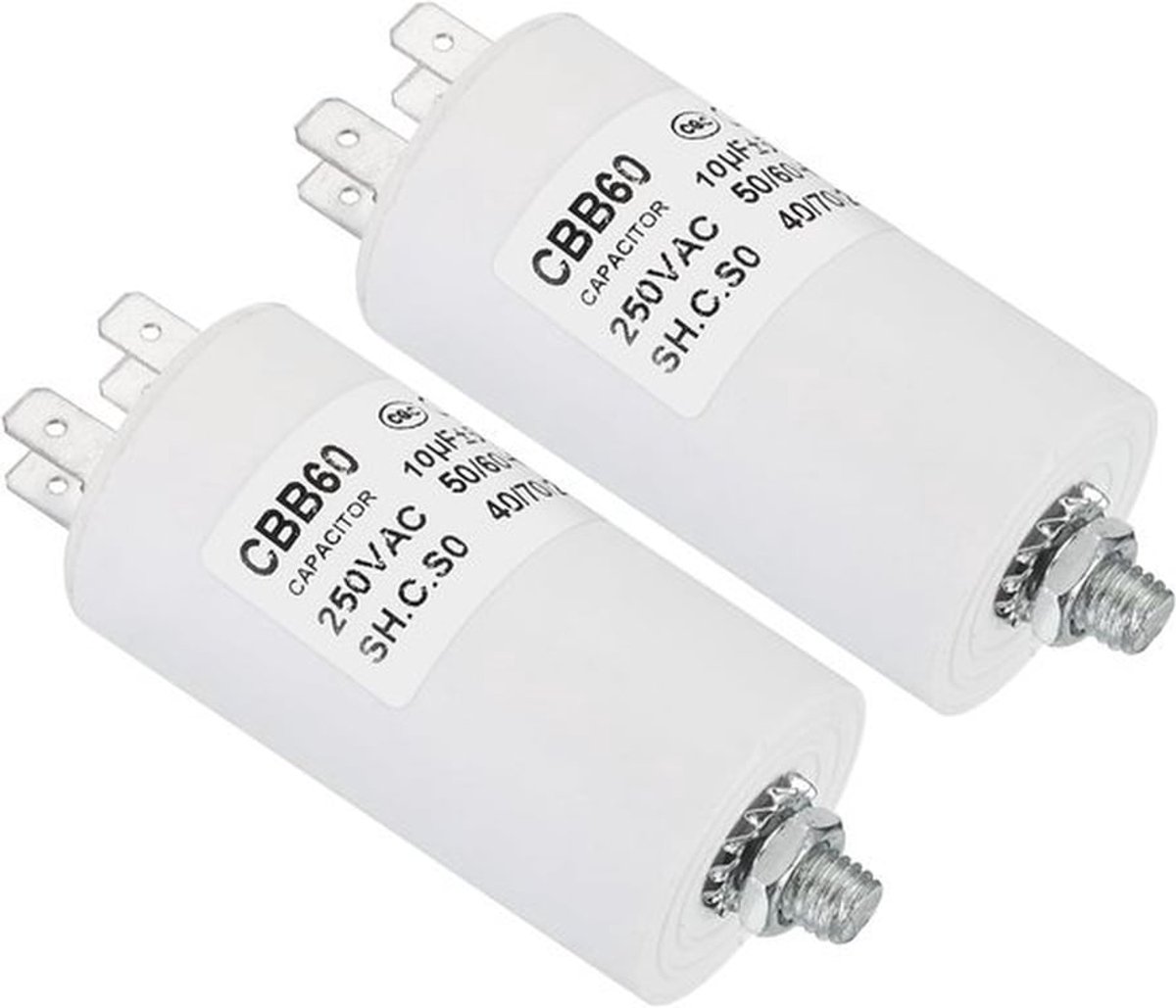 CBB60 Bedrijfscondensator, 10 UF, 2 stuks, AC, 450 V, 4-polig, 50/60 Hz, cilindrisch met M8-schroef, voor wasmachines, reinigingspompen, pompmotoren