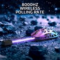 Roze en blauwe gaming muis met open rasterontwerp, met 8000HZ draadloze polling rate.