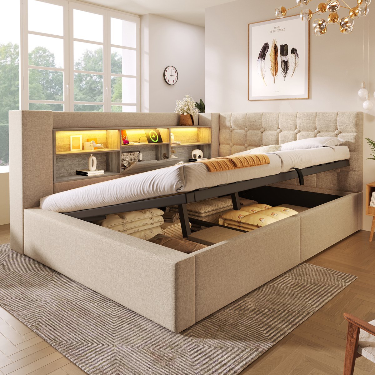 MODFU Bedframe 140x190 cm – Met L-vormig hoofdbord (links/rechts), LED & hydraulisch – Beige linnen