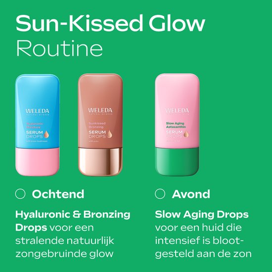 Weleda Sun-Kissed Glow Routine met drie serum drops: Hyaluronic, Sun Kissed Bronzing en Slow Aging.