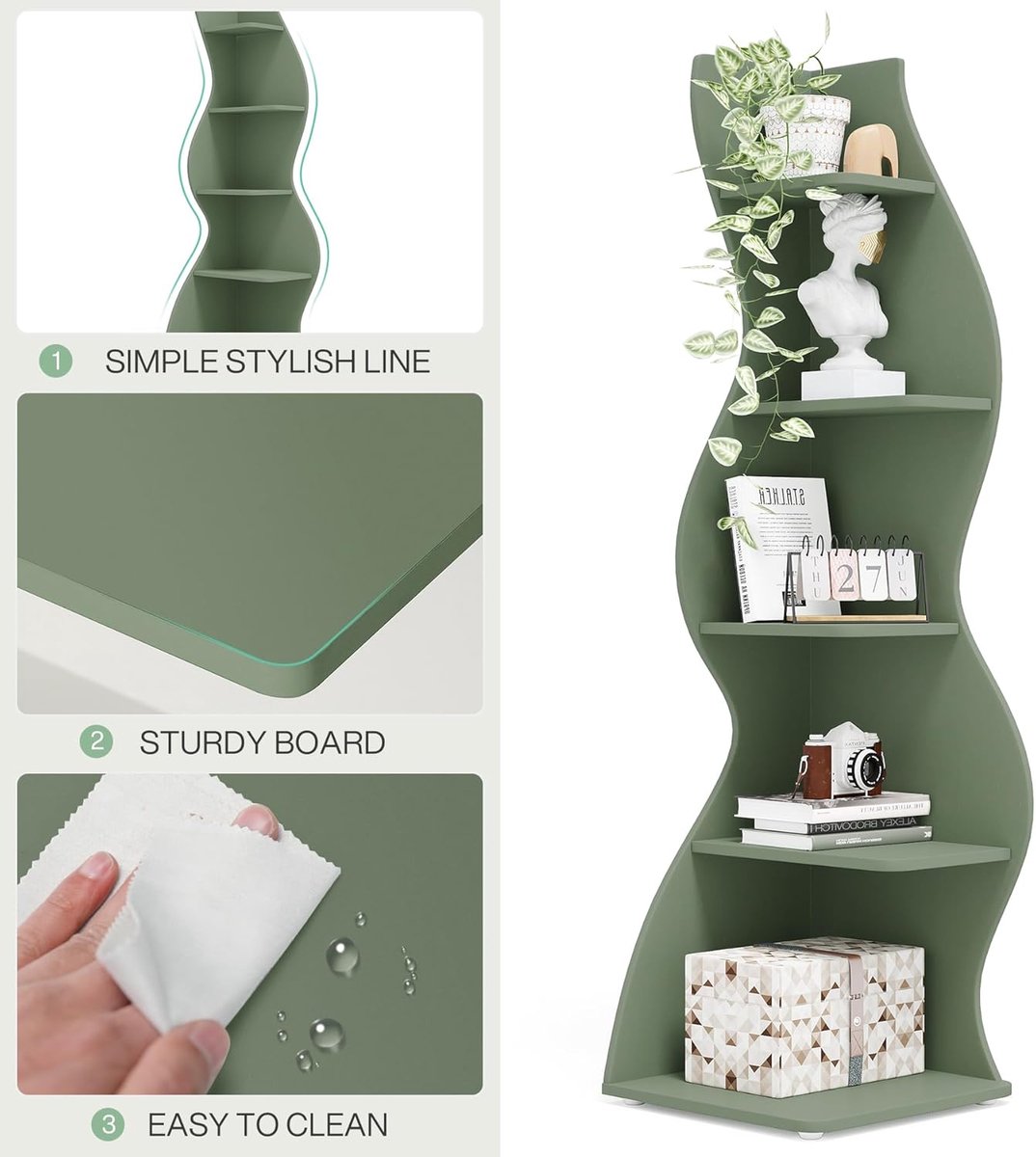 Hoekboekenkast 5 Niveaus – Casa Velluto Modern Opbergrek & Boekenplank – Plantenstandaard en Organizer voor Woonkamer, Keuken en Thuiskantoor – 48 x 48 x 178 cm – Lichtgroen , Industrieel & Rustiek Design