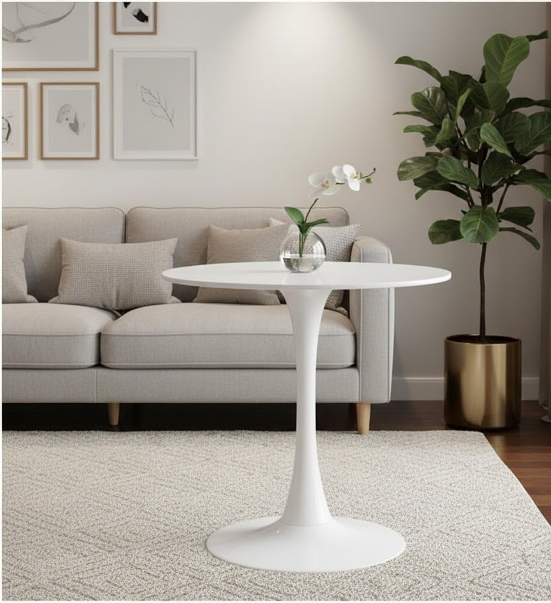 Ronde Eettafel Tulip Design 70 cm - Modern Wit MDF Tafel met Metalen Voet voor Keuken & Wo