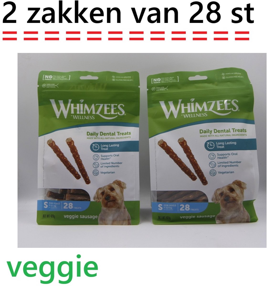 ** 2 X ** Whimzees daily treats-28 st = 56st - hondensnacks voor honden 7-12 kg -vanaf 9 maanden- Veggie - Hypo-allergeen - glutenvrij - support tandconditie - beperkte ingredienten - long lasting treat