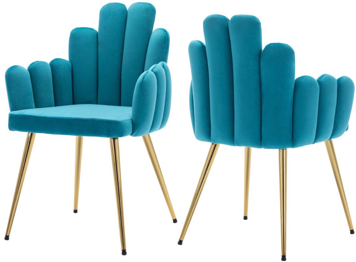 chairus Eetkamerstoel Set van 2 stoelen - Blauw - Velvet - Met Metalen Poten - Unieke Vinger Vormige Rugleuning - Inclusief Armleuning - Gewatteerde Zitting - Voor de Woonkamer en Keuken
