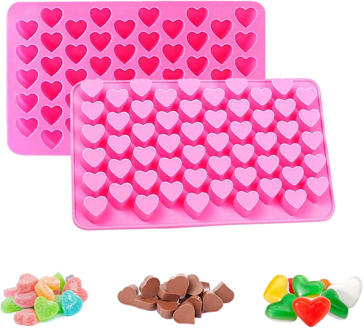 2 PCS Hartvormige siliconen mal, herbruikbare chocoladevorm met 55 holtes Mini anti-aanbak siliconen mal met druppelaar voor chocolade snoep jelly cake Valentijnsdag (roze)