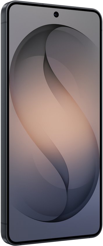 Zijaanzicht van een donkere Samsung smartphone met een abstracte wallpaper.