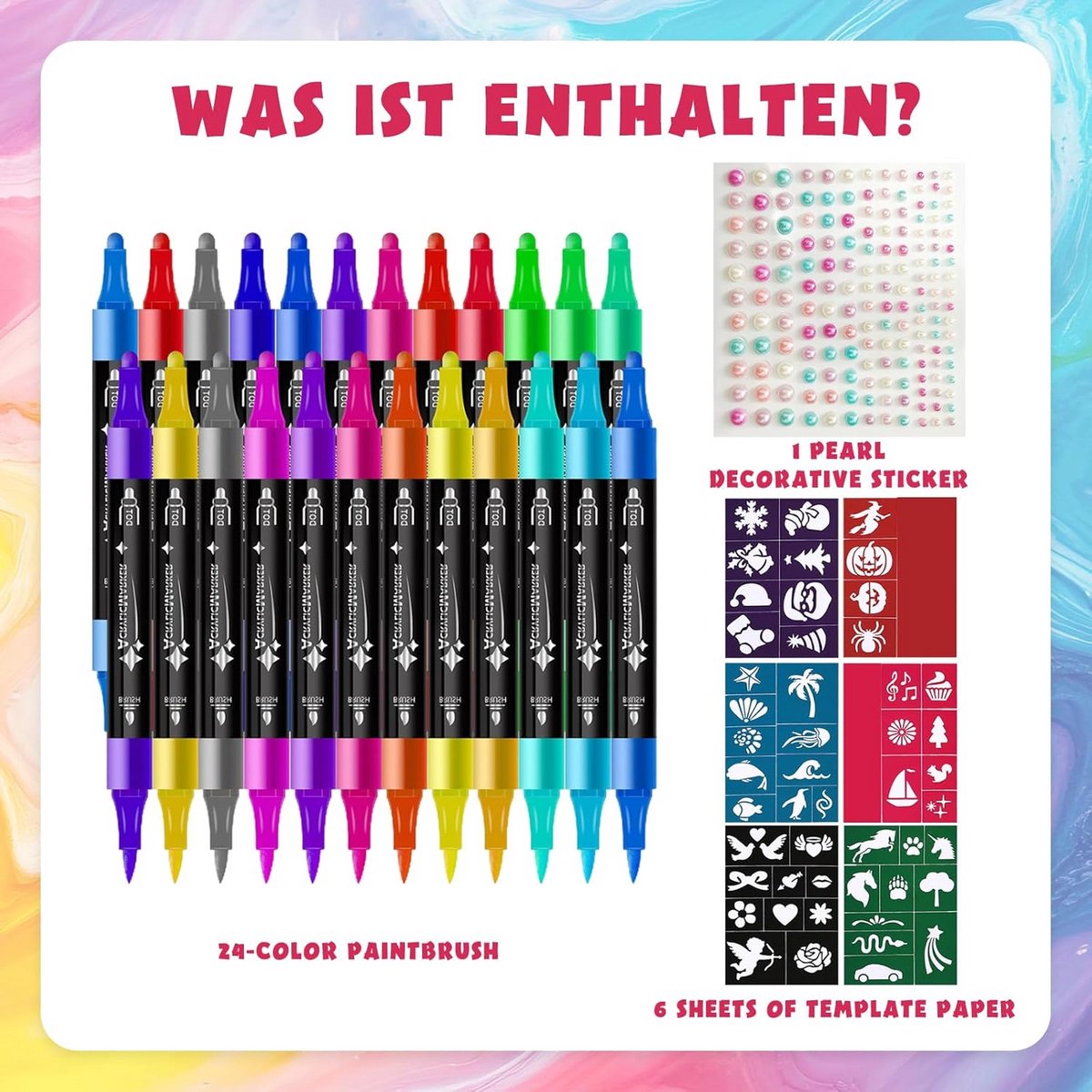 Tatoeage Stiften Set Kind | 24 Kleuren Tijdelijke Huidvriendelijke Tattoos met Sjabloon & 3D Stickers — cadeau in Spellen & Speelgoed - foto 6
