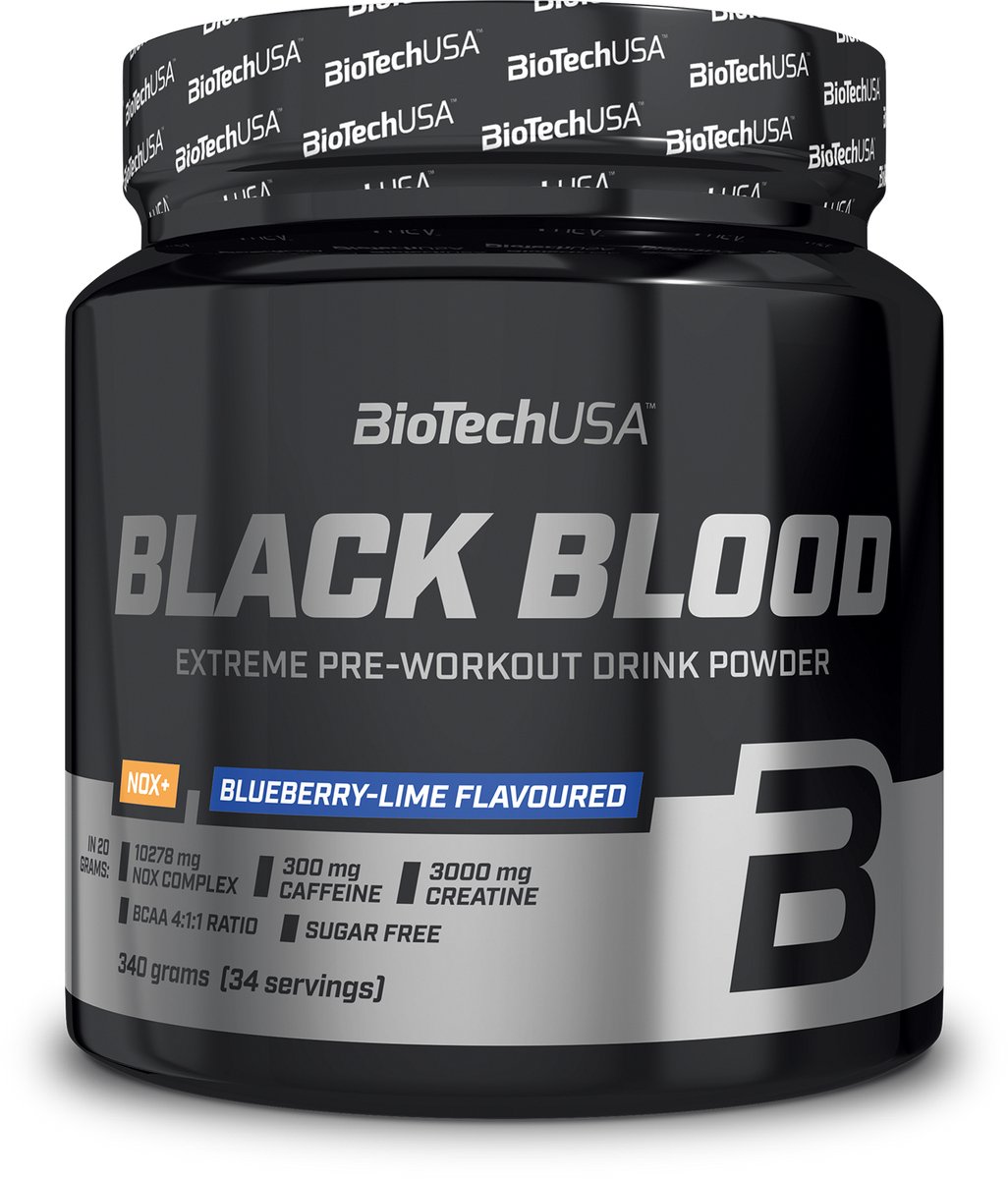 BioTechUSA Zwart Bloed NOX+ | Pre-Workout Formule | met cafeïne, creatine en tyrosine | Suikervrij | 340 g | Blueberry-lime