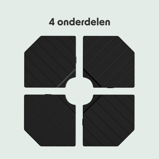 Vier losse zwarte parasoltegels met een ribbelpatroon, gerangschikt in een vierkant.