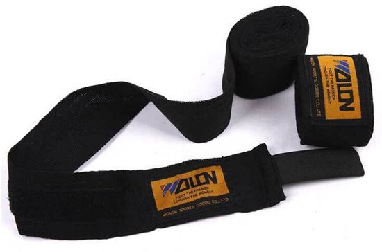 Eén zwarte bok bandage uitgerold met Wulong logo en een opgerolde bandage.