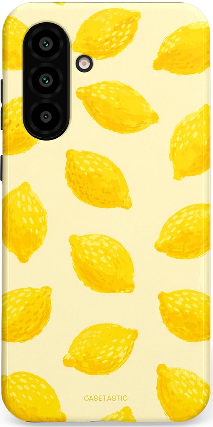 Telefoonhoesje met eenprint van gele citroenen op een lichtgele achtergrond.