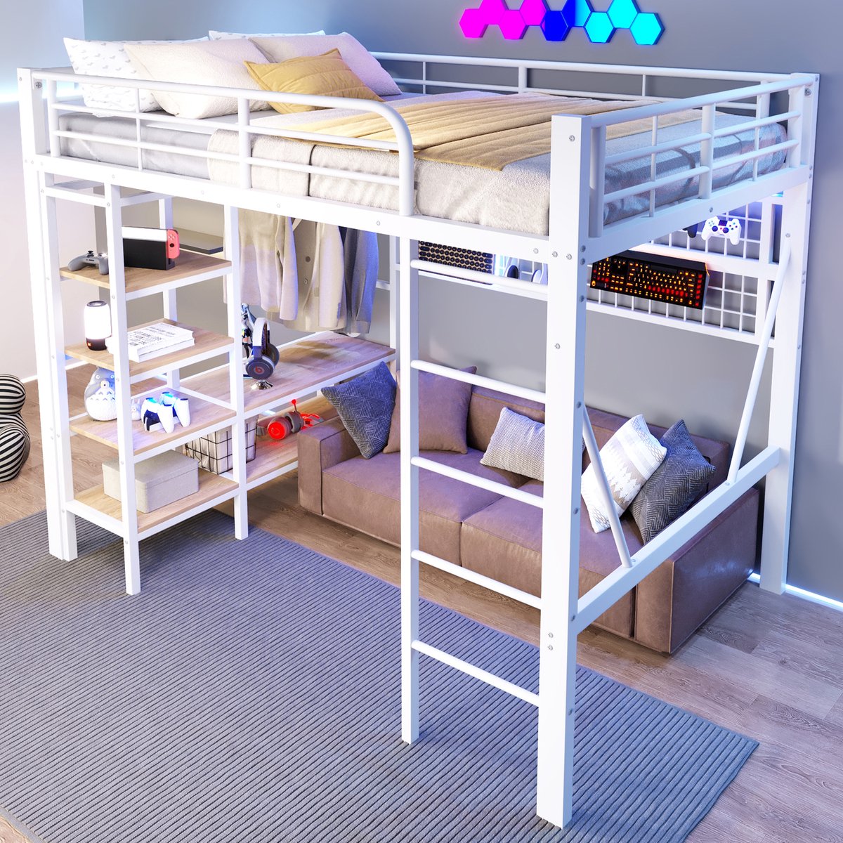 HAUSS SPOLE Hoogslaper 140x200cm - Met App Bedienbare Led Verlichting - Met Opbergplank En Hangnet En Kledingstang - Zonder Matras - Metaal En MDF - Wit
