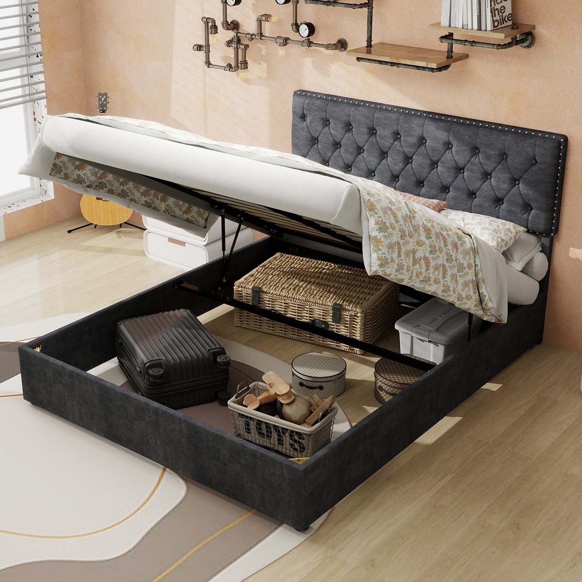 HAUSS SPOLE Gestoffeerd Bed 140x200cm - Met Hoog Hoofdbord En Opbergruimte Onder Bed - Zonder matras - Stof En Metaal - Grijs